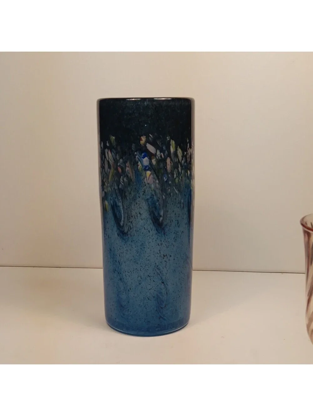 Vintage Blue Millefiori Hand Blown Art Glass Cylinder Vase 8.25